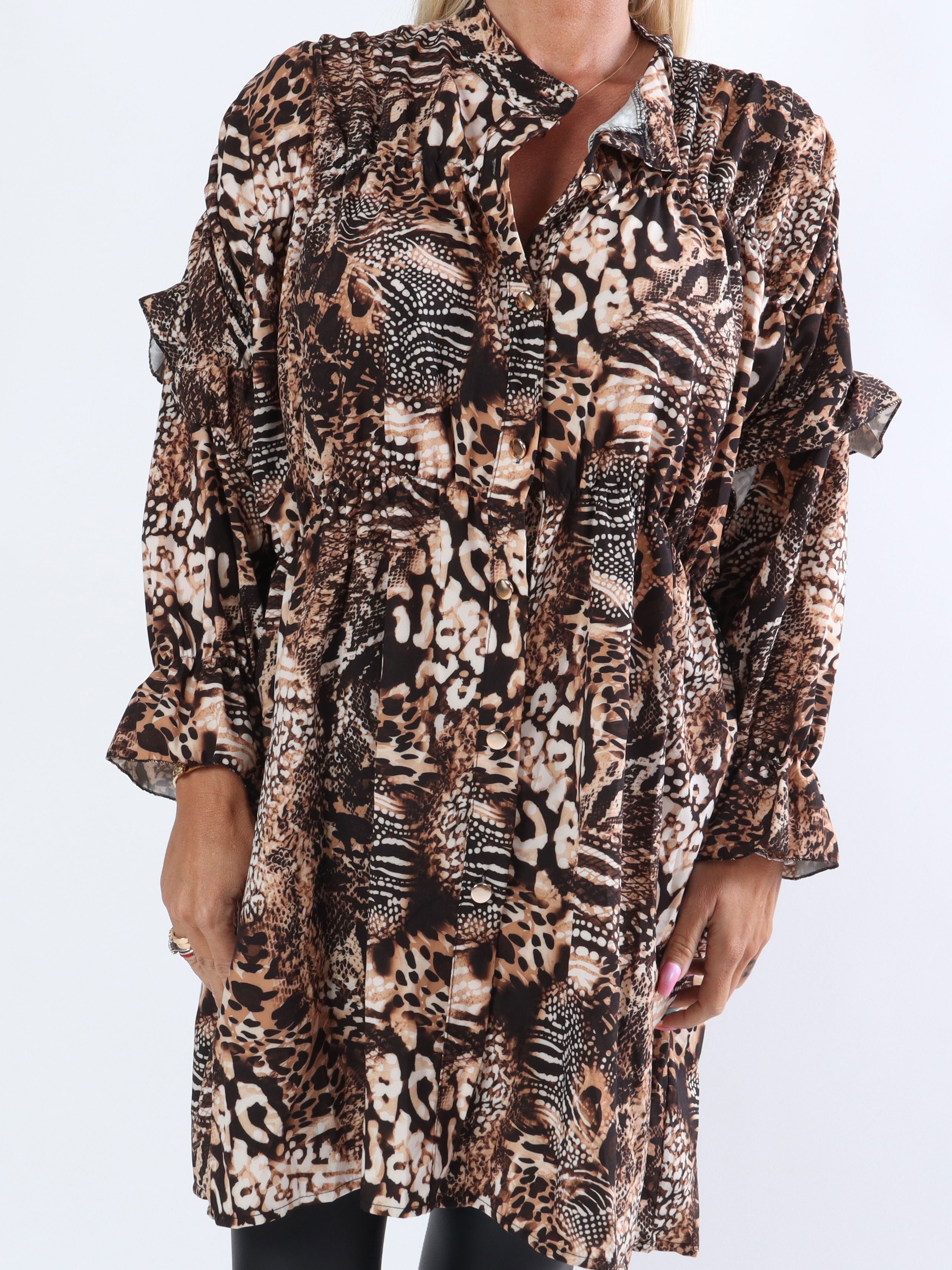 Monica Animal - Tunikakjole i dyreprint med flæser